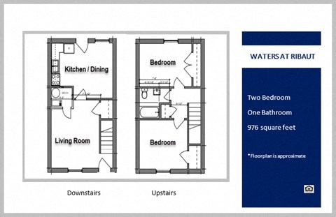 Floor plan for 2 beds, 1 bath, 976 sqft
